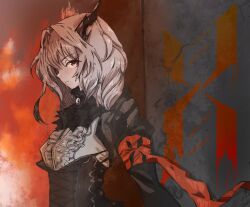  1girl arknights armband ascot black_ascot black_dress brooch center_frills commentary corset dragon_girl dragon_horns dress fire frills grey_hair hair_intakes horns jewelry lizora long_sleeves looking_at_viewer medium_hair profile red_eyes reunion_logo_(arknights) ribbon russian_commentary solo talulah_(arknights) upper_body 