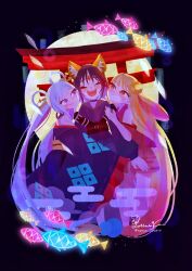  3girls animal_ears bare_shoulders black_choker black_hair blonde_hair blue_eyes blue_hair blush cho_kaguya-hime! choker closed_eyes colored_inner_hair commentary crescent crescent_hair_ornament forehead_jewel fox_ears full_moon girl_sandwich grin hair_ornament hair_rings hair_stick halterneck highres kaguya_(cho_kaguya-hime!) long_hair long_sleeves lop_rabbit_ears moon multicolored_hair multiple_girls nana_coco77 open_mouth pink_hair rabbit_ears red_eyes runami_yachiyo sakayori_iroha sandwiched signature smile torii twintails twitter_username two-tone_hair very_long_hair white_hair wide_sleeves yuri 