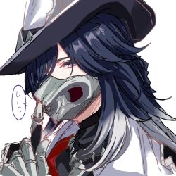  1boy ashveil_(honkai:_star_rail) black_hair black_shirt claw_ring fedora gradient_hair hat hat_ornament highres honkai:_star_rail honkai_(series) jacket jewelry long_hair male_focus mask mouth_mask multicolored_hair necklace shirt simple_background solo supplicant_mask terubayashi tooth_necklace turtleneck violet_eyes white_background white_hair white_hat white_jacket 