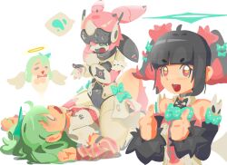  3girls 666hidemoonbird angels_of_delusion aria_(zenless_zone_zero) arm_warmers bare_shoulders black_hair bow colored_inner_hair commentary_request dress girl_on_top green_bow green_eyes green_hair hair_bow hair_ornament halo highres humanoid_robot knockout looking_at_viewer lying multicolored_hair multiple_girls multiple_hair_clips nangong_yu necktie on_back open_mouth pink_hair red_eyes red_necktie robot robot_girl shirt smile striped_arm_warmers sunna_(zenless_zone_zero) twintails white_dress white_shirt white_wings wings zenless_zone_zero 