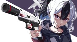  1girl black_choker black_hair black_hoodie blue_archive bright_pupils choker commentary_request earclip finger_on_trigger grey_halo gun hair_between_eyes halo handgun highres holding holding_gun holding_weapon hood hood_down hoodie kayoko_(blue_archive) looking_ahead multicolored_hair open_mouth outline raimu_(clanberry000) revision sidelocks solo suppressor two-tone_hair upper_body violet_eyes weapon white_hair white_outline white_pupils 