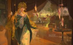  2girls beryl_bouanich black_cloak blonde_hair blue_eyes blurry blurry_background chair cheri_wang cloak commentary crescent crescent_earrings crystal cup curtains dragonfly_hair_ornament dress drinking_glass earrings email_address english_commentary floating_earrings hand_up highres holding holding_pendulum indoors instagram_username jewelry long_hair looking_at_viewer matilda_bouanich mismatched_earrings mother_and_child mother_and_daughter multiple_girls on_chair parent_and_child pendulum reverse:1999 round_table sitting solo_focus table twitter_username upper_body very_long_hair white_dress 