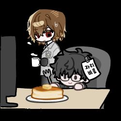  2boys akechi_goro amamiya_ren animated animated_gif black_hair brown_hair chair chibi closed_mouth commentary_request computer cup food fork glasses holding holding_cup holding_fork korean_commentary korean_text long_sleeves looking_at_another lowres male_focus mug multiple_boys pa_0709 pancake persona persona_5 red_eyes short_hair simple_background smile standing translation_request transparent_background 