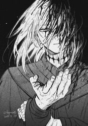  1boy altus_(centuria) artist_name bandaged_hand bandages black_background blood blood_in_hair blood_on_clothes blood_on_face blood_splatter centuria_(manga) commentary_request ctqnue dated despair hair_over_one_eye hand_on_own_arm implied_murder long_eyelashes long_hair looking_at_hand male_focus monochrome solo stitched_neck stitches tunic 