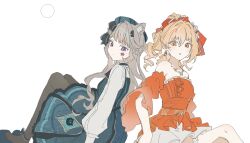  2girls animal_ears bare_shoulders black_pantyhose blonde_hair brown_hair cat_ears cat_girl closed_mouth detached_sleeves dress earrings expressionless facial_mark genshin_impact green_dress hair_between_eyes highres jewelry knees_up kyupercent long_sleeves looking_at_viewer lynette_(genshin_cafe_in_seoul)_(genshin_impact) lynette_(genshin_impact) multiple_girls necklace official_alternate_costume orange_dress orange_eyes pantyhose parted_lips simple_background sitting star_(symbol) star_facial_mark violet_eyes white_background yoimiya_(genshin_impact) yoimiya_(resplendent_feast)_(genshin_impact) 