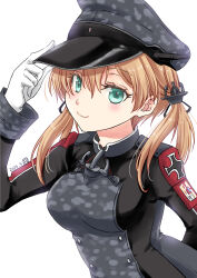  1girl absurdres anchor_hair_ornament anchor_ornament black_hat black_shirt blonde_hair camouflage commentary_request cross gloves green_eyes hair_ornament hat highres iron_cross kantai_collection long_hair looking_at_viewer low_twintails matsuura@parao military_hat military_uniform one-hour_drawing_challenge peaked_cap prinz_eugen_(kancolle) shirt simple_background smile solo twintails white_background white_gloves 