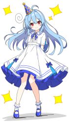  1girl ahoge arms_behind_back blue_bow blue_bowtie blue_hair blue_hat blue_shoes blush bobby_socks bow bowtie buttons closed_mouth collared_dress commentary_request dot_nose double-parted_bangs dress dress_bow frilled_dress frills full_body hair_between_eyes hat highres kotatsu-mazoku long_hair looking_at_viewer mary_janes original party_hat red_eyes shoes short_sleeves simple_background smile socks solo sparkle standing striped_clothes striped_headwear white_background white_dress white_socks 