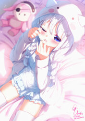  1girl bed_sheet black_hairband blue_dress blue_shorts blush chinomaron commentary_request dress eyepatch frilled_pillow frills from_above gochuumon_wa_usagi_desu_ka? hairband highres hood hood_up hooded_jacket jacket kafuu_chino long_sleeves no_shoes one_eye_closed open_clothes open_jacket open_mouth pillow rubbing_eyes shorts signature sitting sleepy sleeves_past_wrists solo stuffed_animal stuffed_rabbit stuffed_toy thigh-highs twitter_username waking_up wariza wavy_mouth white_jacket white_thighhighs 