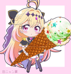  1girl absurdres antenna_hair black_bow black_capelet black_dress blonde_hair blush bow brooch capelet commentary_request cure_arcana_shadow dress food frilled_capelet frilled_cuffs frills gradient_hair hair_bow hair_intakes heart heart_brooch highres holding holding_food holding_ice_cream holding_ice_cream_cone ice_cream ice_cream_cone jewelry long_hair looking_at_viewer magical_girl meitantei_precure! moria_luluka multicolored_hair open_mouth precure purple_veil purple_wrist_cuffs solo tanyan_(pixiv_92698) veil violet_eyes wrist_cuffs 
