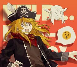  >_< 1boy anonymous1203 bandaid bandaid_on_face black_jacket blonde_hair braid brown_shirt emoji epic_battle_fantasy fang ghost hat jacket male_focus matt_(epic_battle_fantasy) neckerchief orange_background pirate_hat rectangular_mouth red_neckerchief shirt smile speech_bubble text_background twin_braids upper_body x_x 