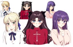  >:( 3girls ahoge artoria_pendragon_(fate) black_bow blonde_hair blue_bow blue_bowtie blue_eyes blue_ribbon blush bow bowtie braid braided_bun breasts brown_hair cardigan closed_mouth collarbone collared_shirt cropped_torso cross cross_print derivative_work english_commentary expressionless fate/stay_night fate_(series) green_eyes hair_between_eyes hair_bow hair_bun hair_ribbon highres long_sleeves looking_at_viewer matou_sakura medium_breasts multiple_girls open_cardigan open_clothes parted_bangs pink_cardigan purple_hair red_sweater ribbon saber_(fate) screenshot_redraw shirt short_hair sidelocks simple_background single_sidelock sweater t-shirt to_my_king tohsaka_rin turtleneck turtleneck_sweater two_side_up upper_body v-shaped_eyebrows violet_eyes wavy_hair white_background white_shirt 