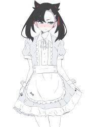  1girl absurdres alternate_costume apron black_hair black_nails blush bow closed_mouth collarbone collared_dress commentary_request cowboy_shot dress earrings eyelashes green_eyes grey_dress hair_ribbon highres jewelry long_hair looking_to_the_side marnie_(pokemon) matsuokalive10 nail_polish pokemon pokemon_sword_and_shield red_ribbon ribbon short_sleeves simple_background solo twintails waist_apron white_apron white_background wrist_cuffs 
