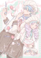  1boy 1girl absurdres baking black_skirt blue_eyes blue_hair chef_hat commentary_request cooking cream earrings elf food frieren fruit half-closed_eyes hat heart highres himmel_(sousou_no_frieren) holding holding_knife jewelry knife long_hair low_twintails mixing_bowl pointy_ears sachinyopo shirt short_hair skirt sousou_no_frieren standing strawberry twintails whisk white_hair white_shirt 