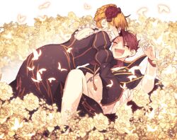  1boy 1girl backless_dress backless_outfit beatrice_(umineko) black_dress black_necktie blonde_hair closed_eyes collared_shirt dress fang field flower flower_field golden_butterfly grin hair_flower hair_ornament highres hswoimuxk0pwr0h_(bbdan) lying necktie on_back pants red_flower red_hair red_rose red_shirt rose shirt short_hair smile suit teeth umineko_no_naku_koro_ni ushiromiya_battler white_background white_pants white_suit yellow_flower 