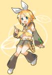  aqua_eyes bad_id blonde_hair detached_sleeves food fruit hair_ornament hair_ribbon hair_ribbons hairclip index_finger_raised kagamine_rin midriff open_mouth orange orange_(color) ribbon ribbons short_hair shorts simple_background smarttiger smile solo vocaloid yellow_background 