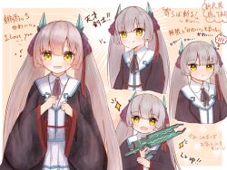  >:) 1girl :d :t black_robe blunt_bangs blunt_ends blush border brown_hair clenched_hands closed_mouth collared_shirt commentary_request cowboy_shot cropped_torso doyagao embarrassed fake_horns flying_sweatdrops frapan_pan gun hair_between_eyes heaven_burns_red hime_cut holding holding_gun holding_weapon horns long_hair long_sleeves looking_at_viewer multiple_views neck_ribbon ogasahara_hisame open_clothes open_mouth open_robe orange_background outside_border pleated_skirt pout purple_ribbon red_pupils ribbon robe shirt sidelocks simple_background skirt smile smug sparkle speech_bubble split_mouth spoken_blush straight_hair sweatdrop thought_bubble translation_request twintails upper_body v-shaped_eyebrows very_long_hair weapon white_border white_shirt white_skirt wide_sleeves yellow_eyes 