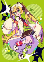  1girl :3 :q absurdres bandaid bandaid_on_face bandaid_on_leg bandaid_on_nose blonde_hair blush bright_pupils brown_sailor_collar brown_skirt buttons cardigan character_request closed_mouth commentary_request commission copyright_request diagonal-striped_background flask full_body green_background green_cardigan green_eyes hair_between_eyes hair_ornament hairclip hand_up hat highres holding holding_flask honoca6190 lab_coat long_hair long_sleeves looking_at_viewer miniskirt neckerchief parallel_hairclips pleated_skirt red_neckerchief round-bottom_flask sailor_collar school_uniform serafuku skeb_commission skirt sleeves_past_fingers sleeves_past_wrists smile solo sparkle striped_background thick_eyebrows tongue tongue_out twintails very_long_hair white_hat white_pupils 