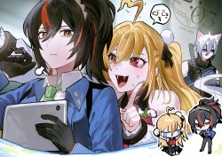  1boy 2girls absurdres ahoge animal_ear_fluff animal_ears bare_shoulders black_gloves black_hair blonde_hair blue_jacket cat_boy cat_ears chalky_(zenless_zone_zero) cissia_(zenless_zone_zero) closed_mouth commentary crying fangs fingernails gloves green_necktie hair_between_eyes hair_ornament hairband highres index_finger_raised jacket long_hair looking_at_another metal_hairband multicolored_hair multiple_girls necktie nongxy_nonshi open_mouth pink_nails police police_uniform policeman policewoman pom_pom_(clothes) pom_pom_hair_ornament ponytail red_eyes red_hair red_streaks seth_lowell short_hair snake snake_girl streaked_hair streaming_tears sweat tears untranslatable_commentary white_hair white_snake zenless_zone_zero zhu_yuan 