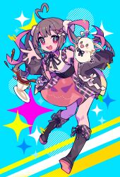  1girl :d absurdres ahoge bare_shoulders bird black_boots blue_background blush boots brown_hair brown_jacket buttons character_request collared_shirt commentary_request commission copyright_request diagonal-striped_background full_body hand_up heart heart_ahoge highres honoca6190 jacket knee_boots long_hair long_sleeves looking_at_viewer off_shoulder open_clothes open_jacket open_mouth red_eyes red_skirt shirt skeb_commission skirt sleeveless sleeveless_shirt smile solo sparkle standing standing_on_one_leg striped_background twintails white_shirt 