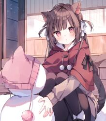  1girl animal_ear_fluff animal_ears beanie black_pantyhose black_ribbon blush brown_cardigan brown_hair buttons capelet cardigan cat_ears cat_girl cat_tail commentary_request dot_nose fingernails flat_chest fur-trimmed_capelet fur-trimmed_legwear fur_trim hat heripiro highres long_hair long_sleeves looking_at_viewer mini_snowman nekomimi_onnanoko_(heripiro) original outdoors outstretched_arms pantyhose parted_lips pink_eyes pom_pom_(clothes) pom_pom_beanie red_capelet ribbon sidelocks snow snowman snowman_hat solo squatting tail tail_raised two_side_up white_ribbon 
