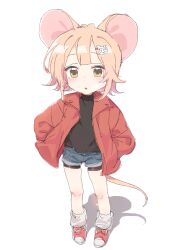  1girl absurdres animal_ears black_shirt blue_shorts blush brown_eyes from_above full_body hair_ornament hairclip highres jacket long_sleeves looking_at_viewer mouse_ears open_clothes open_jacket original parted_lips pestchandesu shirt shoes short_shorts shorts socks solo standing tail white_background 