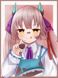  1girl :q adapted_costume apron blue_apron blunt_bangs blunt_ends blush border bright_pupils brown_background brown_border candy chocolate chocolate_on_face closed_mouth collared_shirt commentary fake_horns food food_on_face frapan_pan hair_ribbon half-closed_eyes hand_up heart heart-shaped_chocolate heart-shaped_food heaven_burns_red highres hime_cut holding holding_chocolate holding_food horns incoming_food long_hair long_sleeves looking_at_viewer neck_ribbon ogasahara_hisame outside_border pov purple_ribbon ribbon ribbon-trimmed_sleeves ribbon_trim shirt sidelocks simple_background smile smug solo split_mouth straight-on straight_hair tongue tongue_out twintails two-tone_background valentine variant_set white_background white_pupils white_shirt yellow_eyes 