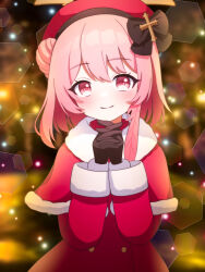  1girl absurdres black_bow black_gloves blue_archive blush bow capelet commentary_request cowboy_shot dress fur-trimmed_capelet fur-trimmed_dress fur_trim gloves hair_between_eyes hair_bow hair_bun halo hat highres looking_at_viewer medium_hair official_alternate_costume own_hands_clasped own_hands_together petako_(ptpt_k) pink_eyes red_capelet red_dress red_hat serina_(blue_archive) serina_(christmas)_(blue_archive) sidelocks smile solo yellow_background yellow_halo 
