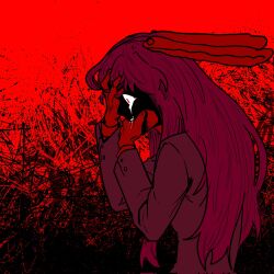  1girl animal_ears black_background commentary_request covering_own_mouth crying crying_with_eyes_open despair film_grain gradient_background hand_on_own_forehead highres korean_commentary long_hair long_sleeves lovelobten purple_hair rabbit_ears red_background red_eyes reisen_udongein_inaba shaded_face shirt solo tears touhou very_long_hair 