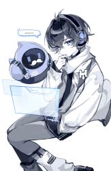  ... 1boy absurdres antenna_hair blue_eyes blue_hair chinese_commentary closed_mouth commentary_request curly_hair facial_hair floating from_side goh3143704 grey_background hand_in_pocket hand_on_own_chin head_tilt headphones highres hologram honkai:_star_rail honkai_(series) jacket leaning_to_the_side long_sleeves looking_at_viewer looking_to_the_side mustache partially_colored robot scarf shorts shota sketch solo speech_bubble stephen_lloyd_(honkai:_star_rail) 