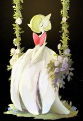  1girl black_background bob_cut closed_eyes colored_skin dress elbow_gloves flower gardevoir gloves green_hair hair_over_one_eye highres mega_gardevoir mega_pokemon n29w97zptb67768 pokemon pokemon_(creature) rose simple_background sitting white_dress white_flower white_gloves white_rose white_skin 