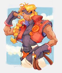  1boy bartholomew_fatima black_bodysuit blindfold blonde_hair blue_eyes blue_sky bodysuit border braid braided_ponytail closed_mouth clouds commentary dark-skinned_male dark_skin dated english_commentary garrrros highres long_hair low-tied_long_hair male_focus muscular muscular_male open_clothes open_vest outside_border pants red_vest salute sky smile solo two-finger_salute vest white_border white_pants xenogears 