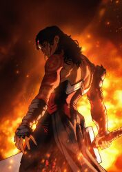  1girl absolute_dc absolute_wonder_woman arm_wrap back_muscles biceps black_hair commentary dc_comics embers english_commentary fire highres holding holding_sword holding_weapon huge_weapon looking_at_viewer looking_back muscular muscular_female orochispawn red_tattoo solo standing strapless sword tattoo tattoo_sleeve tiara weapon wonder_woman wonder_woman_(absolute_dc) wonder_woman_(series) 