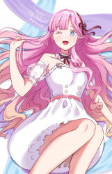  1girl ;d anyoji_hime anyoji_hime_(17th_birthday) black_hairband black_ribbon blonde_hair blue_background blue_eyes bow_hairband breasts collarbone commentary_request detached_sleeves dress feet_out_of_frame frilled_dress frills gradient_hair hair_ribbon hairband happy_birthday highres link!_like!_love_live! long_hair looking_at_viewer love_live! mano_409 medium_breasts multicolored_hair one_eye_closed open_mouth pink_hair puffy_detached_sleeves puffy_short_sleeves puffy_sleeves purple_background ribbon short_sleeves smile solo strapless strapless_dress very_long_hair virtual_youtuber white_dress 