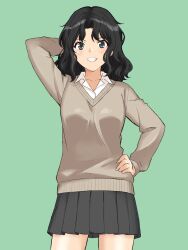  1girl absurdres amagami black_eyes black_hair black_skirt brown_sweater collared_shirt commentary_request green_background grin hand_on_own_hip highres kibito_high_school_uniform looking_at_viewer messy_hair pleated_skirt school_uniform shirt simple_background skirt smile solo standing sweater tanamachi_kaoru teeth thighs usagii! wavy_hair white_shirt 