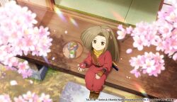  1girl artist_request boots brown_boots brown_eyes brown_hair closed_mouth commentary_request copyright_logo copyright_name day falling_petals fingerless_gloves food from_above fujibayashi_suzu full_body gloves green_tea hair_ribbon highres japanese_clothes kimono logo long_hair looking_up ninja official_art outdoors pants petals pink_ribbon ponytail red_gloves red_kimono red_pants ribbon scarf sheath sheathed sitting smile solo sunlight sword tales_of_(series) tales_of_crestoria tales_of_phantasia tatami tea weapon yellow_scarf 