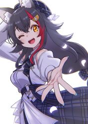  1girl ;d @-you_(you_2023_8_16) animal_ears beret black_hair blue_hat blue_journey_(hololive) blue_necktie blue_skirt blush clothing_cutout collared_shirt commentary_request double-parted_bangs falling_petals fang flipped_hair hair_ornament hairclip hand_on_headwear hat highres holding_down_headwear hololive long_hair long_sleeves looking_at_viewer low-tied_long_hair multicolored_hair nail_polish necktie official_alternate_costume one_eye_closed ookami_mio open_mouth petals plaid_clothes plaid_hat plaid_skirt red_streaks shirt shoulder_cutout sidelocks single_hair_streak skirt smile solo spiky_hair streaked_hair very_long_hair virtual_youtuber white_shirt wolf_ears yellow_eyes 