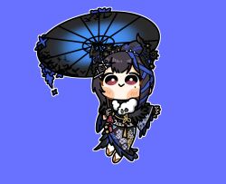  1girl :> alicemuyuki asymmetrical_horns black_gloves black_hair black_horns black_kimono black_shawl black_wings blue_background blue_streaks bright_pupils closed_mouth commentary demon_horns feather-trimmed_kimono feather-trimmed_shawl feather_print feathered_wings fishnet_gloves fishnets floral_print floral_print_kimono flower full_body fur_scarf furisode geta gloves hair_bun hair_flower hair_ornament hairclip highres holding holding_umbrella hololive hololive_english horn_flower horns japanese_clothes kimono long_hair looking_at_viewer mole mole_under_eye multicolored_hair nerissa_ravencroft nerissa_ravencroft_(new_year) official_alternate_costume official_alternate_hairstyle oil-paper_umbrella outline print_kimono raised_eyebrows red_eyes scarf shawl sidelocks simple_background single_hair_bun smile socks solo streaked_hair tabi umbrella uneven_horns virtual_youtuber white_outline white_pupils white_scarf white_socks wide_sleeves wings 