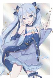  1girl absurdres ahoge aqua_hair black_gloves blue_dress blue_eyes blue_nails breasts commentary_request conductor_baton constellation_print detached_sleeves dress fingerless_gloves fingernails frilled_thigh_strap gloves hair_between_eyes hair_ornament hatsune_miku highres holding holding_wand kumu39_(pixiv98385696) long_hair long_sleeves looking_at_viewer medium_breasts musical_note musical_note_print musical_staff musical_staff_print nail_polish official_alternate_costume official_alternate_hairstyle open_mouth sleeveless sleeveless_dress smile solo thigh_strap twintails very_long_hair vocaloid wand wide_sleeves yuki_miku yuki_miku_(2017) 