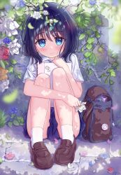  1girl backpack bag black_hair blue_eyes closed_mouth flower highres holding holding_flower knees_up loli looking_at_viewer original pleated_skirt rofrs2975 school_uniform shoes short_hair short_sleeves sitting skirt socks solo 