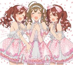  2l_(2lsize) 3girls :d ahoge alstroemeria_(idolmaster) brown_hair character_name closed_eyes commentary_request cowboy_shot dated dress facing_viewer hairband hands_up happy_birthday highres idolmaster idolmaster_shiny_colors kuwayama_chiyuki long_hair multiple_girls open_mouth osaki_amana osaki_tenka pink_dress print_dress smile standing twintails two-tone_dress white_dress white_hairband 