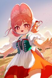  1girl absurdres animal_ear_fluff animal_ears blush bright_pupils clouds dress furry furry_female highres looking_at_viewer open_mouth pink_fur pink_hair rabbit_ears rabbit_girl rabbit_tail red_eyes short_eyebrows sky smile solo standing tail teeth thick_eyebrows yamisroot zenless_zone_zero zhao_(zenless_zone_zero) 