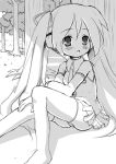  blush hatsune_miku long_hair monochrome pikazo sitting sketch solo thighhighs twintails under_tree very_long_hair vocaloid 