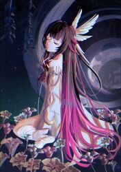  1girl absurdres bare_legs bare_shoulders barefoot black_hair closed_eyes closed_mouth columbina_(genshin_impact) commentary_request dark_background dress eye_mask flower from_side full_body genshin_impact hair_ornament head_wings highres long_hair mask multicolored_hair multiple_girls multiple_wings penngazuki purple_hair purple_streaks ribbon sitting solo streaked_hair two-tone_hair very_long_hair white_dress white_wings wing_hair_ornament wings x-shaped_eyewear 