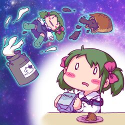  0_0 1girl anpan bow food green_hair hair_bow hair_ribbon hat milk night o_o original quad_tails ribbon shooting_star sky space star_(sky) star_(symbol) starry_sky thigh-highs twintails ufo umiuchi_tori 