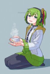  1girl android black_pantyhose chahakobi_meguri commentary cup from_side full_body gear_hair_ornament green_hair green_skirt grey_background hair_ornament hair_ribbon highres holding holding_cup jacket joints kanbaru_mitsuki long_sleeves looking_at_viewer miniskirt one_side_up open_mouth original pantyhose pleated_skirt red_ribbon ribbon robot_joints seiza simple_background sitting skirt smile solo steam tea white_jacket 