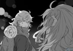  1boy 1girl ahoge artist_name backpack bag blurry bokeh coat commentary depth_of_field fate/grand_order fate_(series) fujimaru_ritsuka_(female) greyscale hair_between_eyes hair_ornament hair_scrunchie looking_at_another medium_hair monochrome n_oel official_alternate_costume one_side_up parted_lips romani_archaman scarf scrunchie twitter_username upper_body 