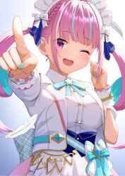  1girl ;d ahoge blue_corset blue_hair blue_ribbon blue_streaks blunt_bangs bow bowtie colored_inner_hair commentary_request corset drill_hair fanged_bangs faubynet gold_trim hair_ribbon hand_up highres hololive hololive_idol_uniform_(bright) jacket lapels long_hair minato_aqua multicolored_hair notched_lapels official_alternate_costume one_eye_closed open_mouth outstretched_arm pink_hair pointing pointing_forward puffy_short_sleeves puffy_sleeves ribbon shirt short-sleeved_jacket short_sleeves smile solo streaked_hair twin_drills two-tone_hair underbust upper_body violet_eyes virtual_youtuber waist_bow white_jacket white_shirt wrist_cuffs 