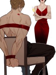  1boy 1girl ada_wong assertive_female bdsm blonde_hair bondage bound couple highres leon_s._kennedy lipstick makeup mnine5 muscular muscular_male red_rope resident_evil rope shibari 