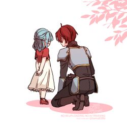  1boy 1girl 2025 aged_down aqua_hair arm_support armor arms_behind_back black_capelet black_shirt boots breastplate brown_boots capelet child commentary_request cropped_jacket dress eirika_(fire_emblem) fire_emblem fire_emblem:_the_sacred_stones from_behind full_body gloves grey_armor heel_up height_difference high_collar highres jacket kneeling long_sleeves medium_dress medium_hair pink_background red_gloves red_hair red_jacket red_shirt red_shoes sayu030b seth_(fire_emblem) shirt shoes short_hair short_sleeves shoulder_armor standing tree_shade twitter_username two-tone_background watermark white_background white_dress 