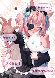  1girl @_@ ahoge animal_ears black_bow black_dress black_headdress blue_bow blush bow breasts cat_ears cat_girl commentary_request cross dress eyepatch fang faubynet fingernails hair_bow highres holding holding_stuffed_toy indie_virtual_youtuber long_hair long_sleeves looking_to_the_side nail_polish one_eye_covered open_mouth pink_eyes pink_hair pink_nails revision signature skin_fang solo squiggle stuffed_toy translation_request two_side_up virtual_youtuber yuuki_sakuna 